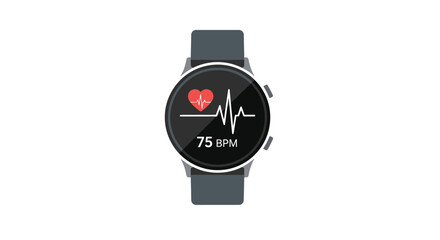 A modern smartwatch displays a heart rate monitor with a reading of 75 BPM.