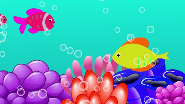 A vibrant, cartoon-style illustration of an underwater coral reef, fish and air bubbles video