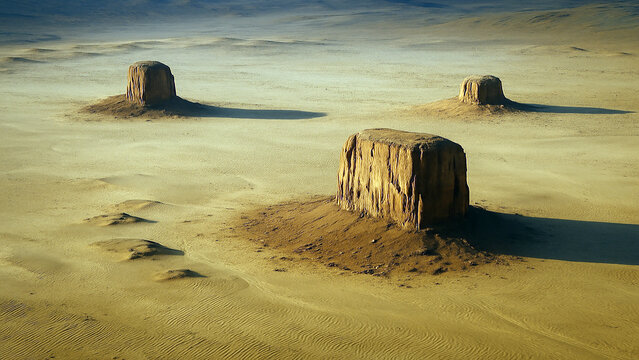 Three weathered rock formations in a vast desert landscape