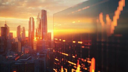 Financial data stock market trading chart over city sunset - Powered by Adobe