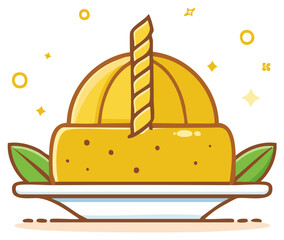 Cartoon Yellow Cake with Candle and Leaves on Plate Celebration Design