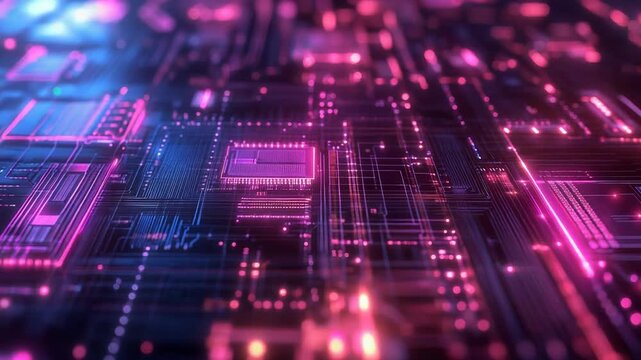 Digital circuit board with glowing neon pink and blue tracks