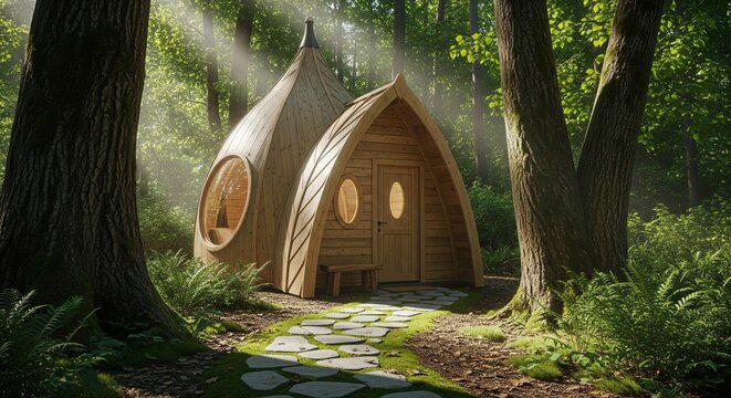 Whimsical Wooden Cabin in Forest Clearing Small Home Design Unique Architecture Treehouse Summer House Dwelling Cottage Exterior Greenery Woodland Serene Escape