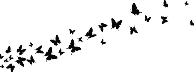 Butterfly silhouettes, black on white, diagonal pattern, flying insects, nature art, minimal design, transformation, freedom, vector clipart, decorative