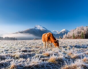 a lone cow grazes in a frosty field with mountains in the background