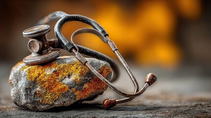 A close-up, weathered stethoscope lies on a textured stone covered in vibrant yellow lichen, suggesting a connection between medicine and nature.
