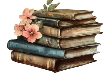 Vintage illustration of stacked books with floral elements showcasing a nostalgic design aesthetic