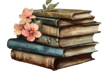 Vintage illustration of stacked books with floral elements showcasing a nostalgic design aesthetic