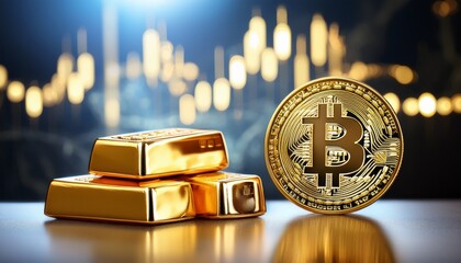 bitcoin with gold coins and bars financial cryptocurrency background