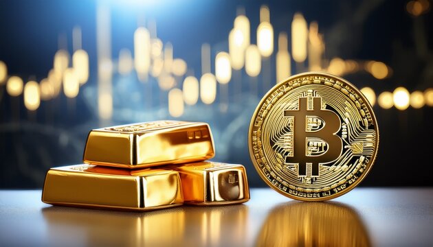 bitcoin with gold coins and bars financial cryptocurrency background - Powered by Adobe
