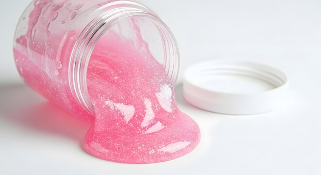 Pink glitter slime pouring out of a jar