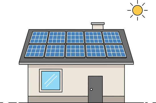 Fototapeta A residential house with solar panels installed on the roof under a bright sun.
