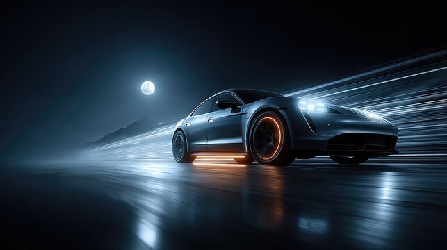 A sleek modern sedan shown as a holographic blueprint with glowing wheels against a dark background with a full moon. A concept for automotive innovation and high-tech diagnostics. - Powered by Adobe