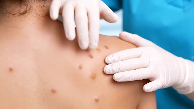 Medical professional in gloves examining a patient's back covered in a skin rash. Dermatological checkup for chickenpox or monkeypox