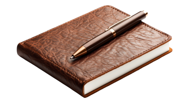 Leather Notebook with Brown Pen on Transparent Background