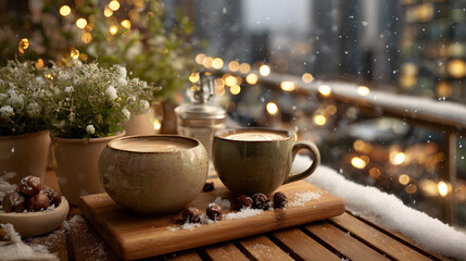 Festive celebration on snowy balcony with hot drinks and fairy lights 