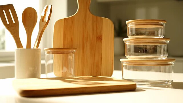 Ecofriendly bamboo and glass kitchenware on a white countertop. Reusable containers, cutting boards, and cooking utensils in morning sunlight