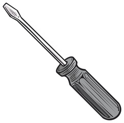 Classic flathead screwdriver tool with a textured grey handle and metallic shaft