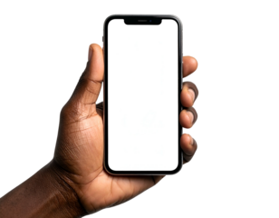 Person holding a modern smartphone with a blank white screen