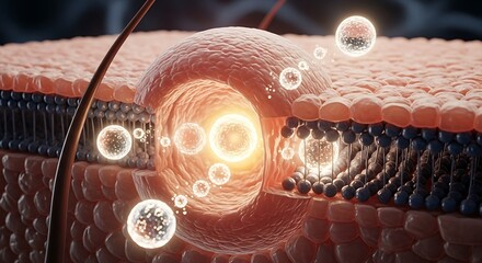 Microscopic View of Skin Cells with Active Cellular Processes and Lipid Layers for Medical and Scientific Analysis
