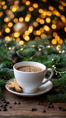 A tasty sweet bread with dried fruits sits on a plate beside a warm drink, set against a backdrop of festive lights and decorations