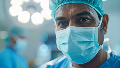 Male surgeon wearing medical mask and cap, focused and professional expression, hospital