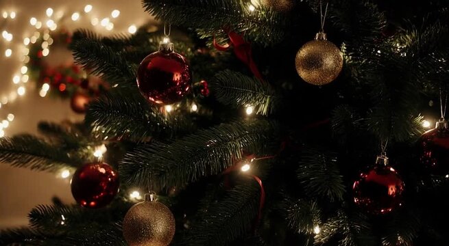 &Aacute;rbol de Navidad grande y frondoso. Est&aacute; profusamente decorado con una combinaci&oacute;n de elementos cl&aacute;sicos: Esferas (bolas) grandes y brillantes en colores rojo (reflectantes) y dorado (acabado mate).