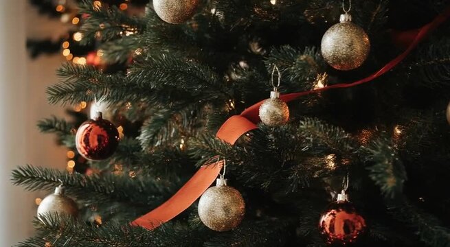 &Aacute;rbol de Navidad grande y frondoso. Est&aacute; profusamente decorado con una combinaci&oacute;n de elementos cl&aacute;sicos: Esferas (bolas) grandes y brillantes en colores rojo (reflectantes) y dorado (acabado mate).