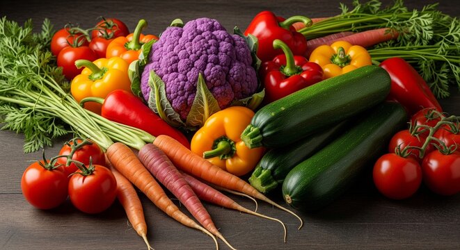 Display of fresh colorful vegetables including tomatoes peppers carrots zucchini and cauliflower on dark wooden surface showing variety healthy eating and natural food