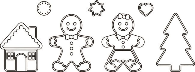 Gingerbread cookies and christmas tree outline for holiday baking and decoration