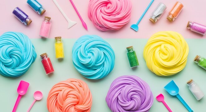 Colorful slime and glitter supplies arranged on a pastel background