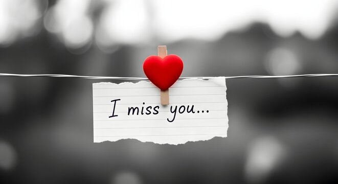 Red heart clip holds torn paper with i miss you message
