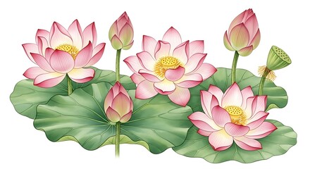 Beautiful pink lotus flowers and buds with green leaves
