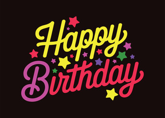 Happy birthday wishes greeting card image with colorful stars on dark background for celebration party
