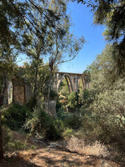 An elegant stone bridge over a picturesque ravine covered with trees in the sun's rays. Spain, 2022.