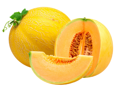 Ripe, sweet cantaloupe, one whole, one half with seeds, and a slice