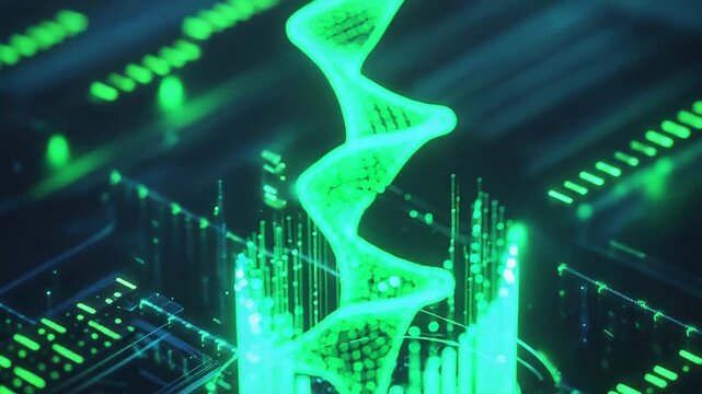 Digital dna helix moving on circuit board - Powered by Adobe