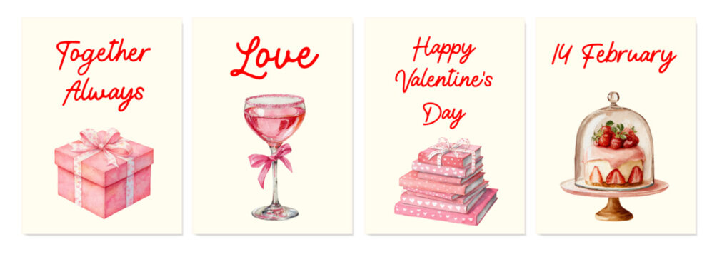 Fototapeta Set of cute Valentine's Day cards with romantic red inscriptions. Craft cards with watercolor elements of cake, cocktail, books and gift. Cute hand drawn love cards.