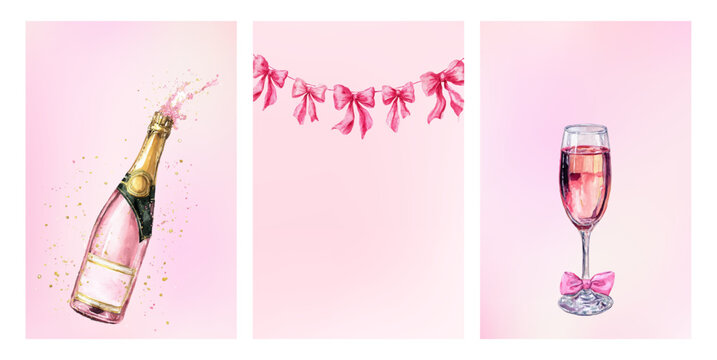 Watercolor set of templates for Valentine's Day cards. Pink templates with watercolor elements for romantic greetings. Bottle of champagne with sparkles, garland with bows and a glass of rose wine.