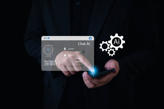 Concept of Chat AI for business automation and customer service. A businessman uses a smartphone to interact with a generative artificial intelligence chatbot on a virtual interface for support.