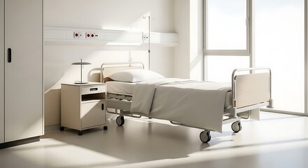Modern Hospital Room with Adjustable Bed, Natural Light, and Minimalist Design for Healthcare and Medical Facilities