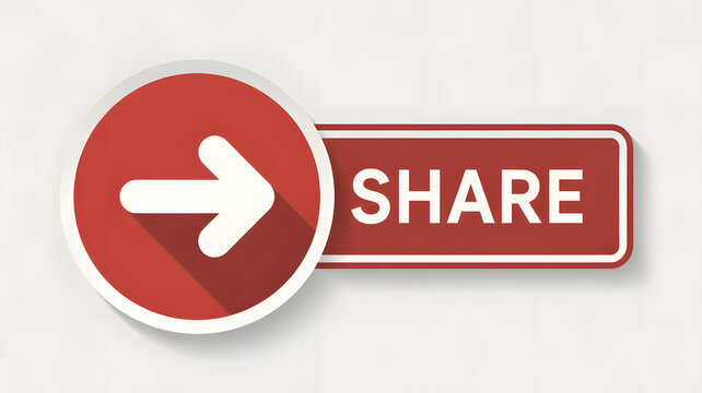 A red button with a white arrow pointing right signals to share, isolated png transparent graphic for sharing content.