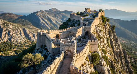 Ancient korinthos acrocorinth greece medieval fortress towering over landscape historic site with stone walls and architectural ruins offering panoramic views of mountains