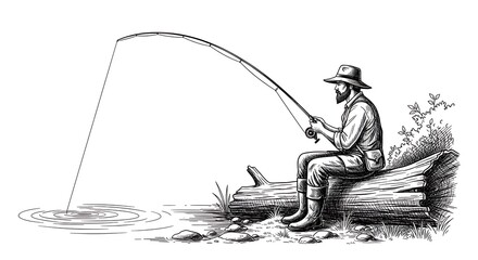 Man fishing from a log on the riverbank, line taut