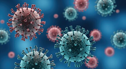 Detailed view of virus particles floating against a blue background. Shows spherical structures with protein spikes. Useful for medical education, healthcare materials, or science topics.