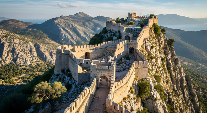 Ancient korinthos acrocorinth greece medieval fortress towering over landscape historic site with stone walls and architectural ruins offering panoramic views of mountains - Powered by Adobe