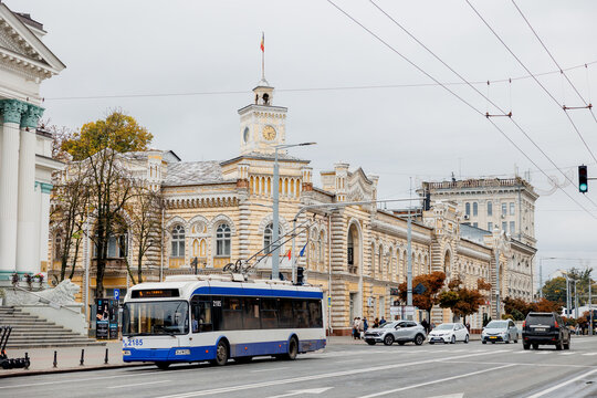 Chisinau City Hall and the blue trolleybus. Republic of Moldova 2025