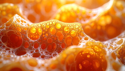 Porous organic structure with orange cells, intricate and detailed texture, scientific abstract background