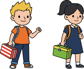 Children with backpacks and lunchboxes, cartoon kids school readiness, striped shirt, floral dress, cheerful morning routine, educational illustration