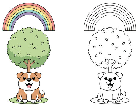 Adorable Cartoon Dog Sitting Under a Tree with a Rainbow Above - Cute Coloring Page for Kids